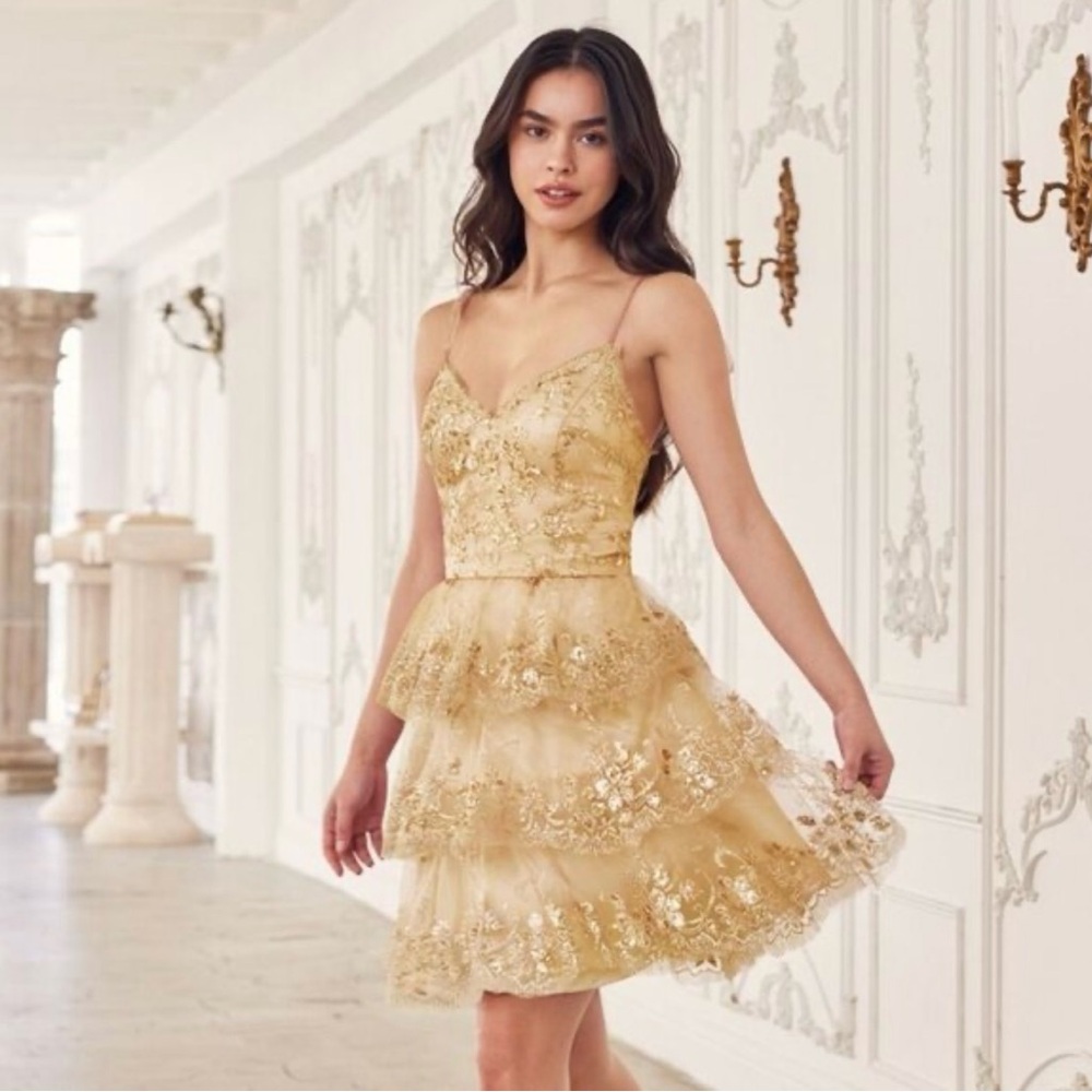 Golden Lace Tiered Mini Dress